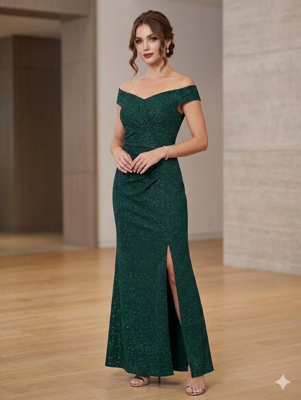 SLNY Emerald Green Off- The-Shoulder Evening Gown